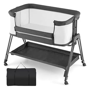GYMAX Baby Bedside Crib, Foldable Infant Side Cot with Carry Bag, Storage Basket Mattress and Wheels, Height Adjustable Toddler Co-Sleeping Bed (Gray)