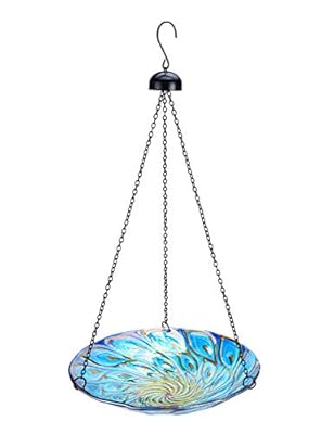 MUMTOP 11 inch Hanging Bird Bath Glass Bird Bath Peacock Outdoor Bird Feeder for Garden Yard Decoration