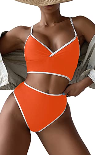 B2prity Zweiteiliger Damen-Badeanzug mit V-Ausschnitt, hoher Schnitt, Bauchkontrolle, Badeanzug, hohe Taille, Bikini-Set, Kontrast-Bademode, Orange, Small Cover