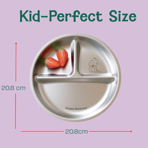 Image of Basil Stainless Steel Plate for Kids - Kids Plates for Food with 3 Compartments - Dinner Plates for Baby - Unbreakable Dinner Plates - Ideal for Birthday, Return Gifting - BPA-Free - Wheel Dino Plate