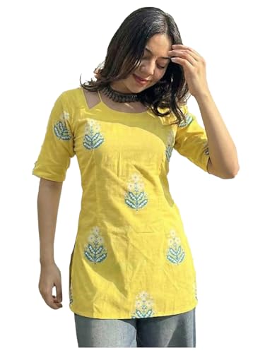 Image of ANNI Designer Women's Viscose Blend Printed Short Kurti | Straight Fit Casual Ethnic Top | Square Neck 3 /4 Sleeve Kurta Office College