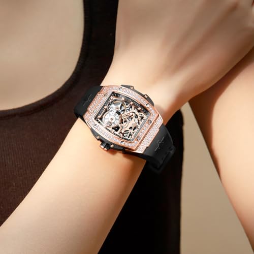 Image of OUPINKE Automatic Watches for Women Fashion Hollow Skeleton Squre Womens Watches Diamonds Rose Gold Waterproof Luminous Mechanical Ladies Watches Red White Soft Silicone Strap