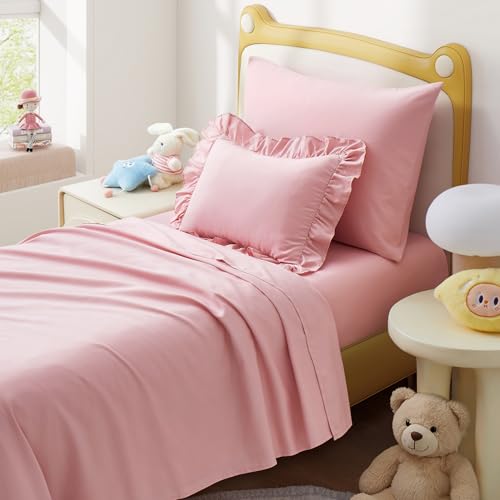 Cobedzy 4 Piece Soft Toddler Sheet Set Includes Flat Sheet Fitted Sheet Standard Pillowcase Ruffled Toddler Pillowcase Microfiber Bedding for Toddlers/Boys and Girls(Light Pink)