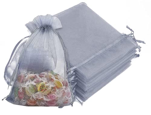 RAPECOTT Lot de 100 sachets cadeaux en organza 9 x 12 cm, sacs en tulle pour dragées, dragées de communion, anniversaire de Noël, petits cadeaux (gris)