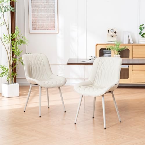 Image of YOUNIKE Dining Chairs Set of 2 Kitchen & Dining Room Chairs Modern Cream | Faux leather waterproof, comfortable accent side chairs with upholstered back and metal legs, easy to clean assemble; 300lb