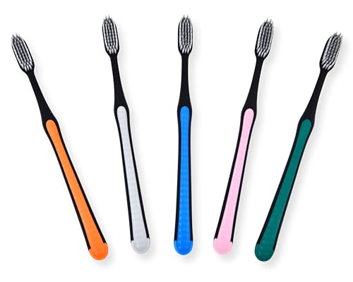 Image of ADA Cavity Defense Activated Charcoal Toothbrush 5 Pack Ultra-Soft Flosspick Bristle for Sensitive Teeth & Gums, Aids in Teeth Whitening, Extra Soft, Slim Grip (5 Count)