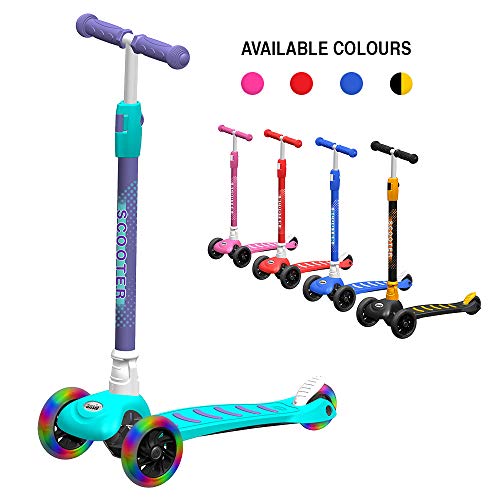 ANSIO Scooter for Boys and Girls, 3 Wheel Kids scooter, Toddler scooter with Adjustable Height, Kick Scooter, Multi-coloured LED Light Up Wheels, Aged 3+ (Purple)