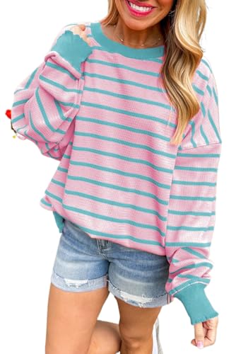 Women's Pink Stripe Trimmed Round Neck Drop Shoulder Sweater