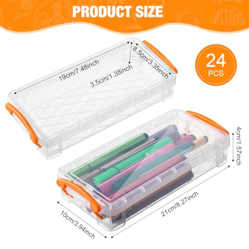 Image of Gueevin 24 Pcs Large Capacity Plastic Pencil Box Clear Plastic Pencil Case Crayon Box with Snap Tight Lid Watercolor Pen Storage Brush Organizer Drawing Tools Container (Orange)