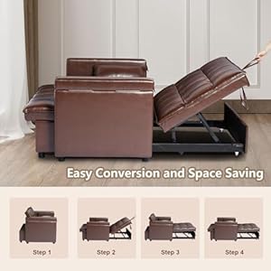 Leather convertible 3 in 1 sleeper sofa bed small upholstered loveseat pull out couch multi functional sleeper futon with hidden table and adjustable backrest for living room brown  urban country home decor