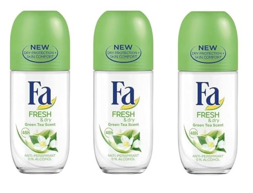 (Pack of 3 Bottles) Fa Fresh & Dry Green Tea Scent Women's Roll On Anti-perspirant Deodorant (Pack of 3 Bottles, 1.7oz / 50ml Each Bottle)