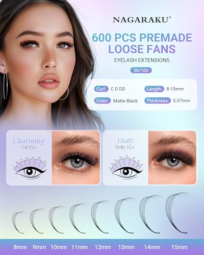 NAGARAKU 5D Premade Fan rzęsy 600 fanów, objętość, przygotowane fani, naturalne, puszyste, cienkie stożkowe, wąska stal, gotowe przedłużanie rzęs masowe rzęsy czarne jedna długość na wentylator (0,07