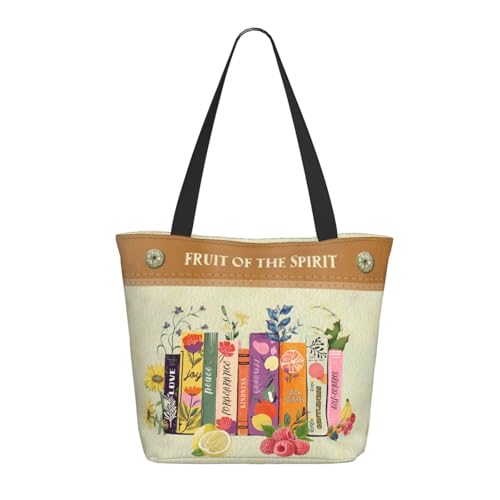 TREKTOTS Sacolas Cristãs para Mulheres, Design de Fruto do Espírito e Livros, Presente Baseado na Fé nas Escrituras Religiosas, Grande Bolsa de Compras Reutilizável com Zíper