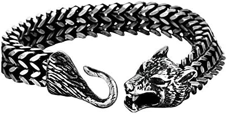 Pulsera de cabeza de lobo vikingo Fenrir de acero inoxidable para hombre de 8 pulgadas, Metal, Sin gemas.