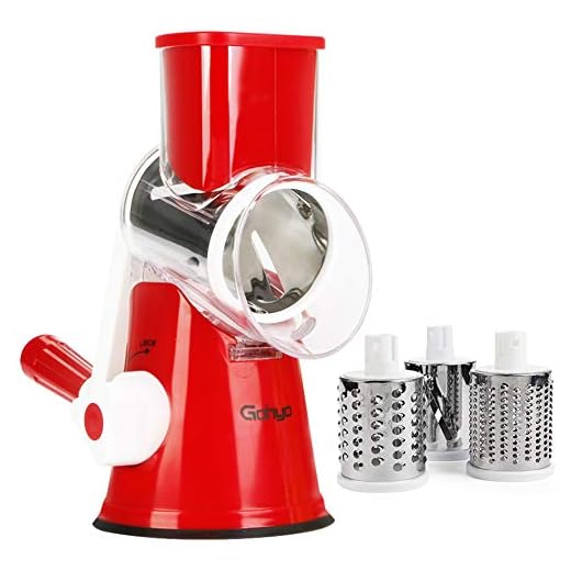 Gohyo Rotary Cheese Grater Handheld, Vegetable Chopper Mandoline Slicer, Nut Grinder, Easy Cleaning Shredder for kitchen With 3 Round Stainless Steel Blades (Red)