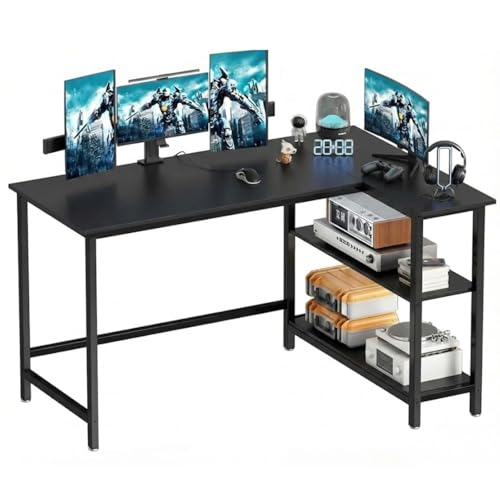 Image of L Shaped Reversible Desk| Gaming Table, Computer Corner Desk, Home Office Writing Desk with Shelf, Space-Saving Workstation Table | Black | 30x50x75 cm