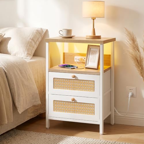 Image of Fixwal Night Stand with Charging Station, Led Nightstand, 2 Fabric Drawers