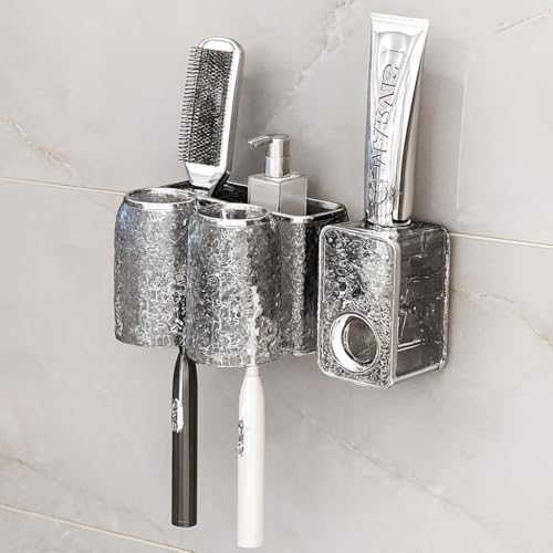 Image of Wall Mounted Toothpaste Dispenser with Toothbrush Holder - Transparent ABS Plastic, No-Drill Adhesive Installation, Waterproof & Space-Saving Bathroom Organizer (2 Cup Holder + THD)