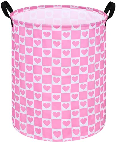 Image of 19.7 inch Round Kids Laundry Basket Gift Baskets Storage Laundry Hamper Toys Nursery Bin with Handles,Storage Basket for Childrens Room Bedroom Decor (Pink Heart)
