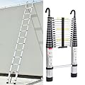 4.4M 14ft Telescoping Ladder Aluminum DIY Extension Folding Loft Ladder with 2 Detachable Roof Hooks Anti-Slip Rubber Feet Portable Heavy Duty Folding Ladder 330lbs Max. Loading EN131 Certificated