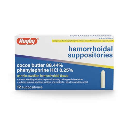 Rugby Hemorrhoidal Suppositories - Soothing and Shrinking Action for Internal Hemorrhoids with Cocoa Butter and Phenylephrine HCl Easy Open Design - 12 Count