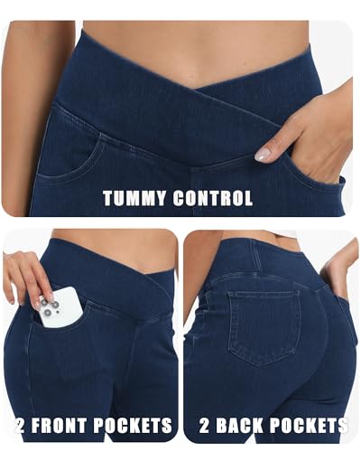 Bell Bottom Jeans for Women High Waisted Stretchy Flare Jeans with Pockets Trendy Crossover Pull On Flare Jeggings4