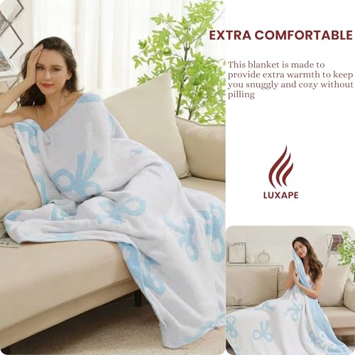 Image of Bow Blanket Blue Bows Soft Throw Blanket Reversible Premium Cozy Fabric for Best Comfort - for Infant,Toddler,Newborn,Nursery,Girl,Throw,Crib,Stroller,Gift (Blue Bows, 50x60 in)