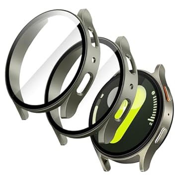 JETech Capa com Protetor de Tela para Samsung Galaxy Watch 7 44mm, Capa Protetora Geral, Película de Vidro Temperado Embutida de Alta Sensibilidade, Pacote com 2 (Verde)