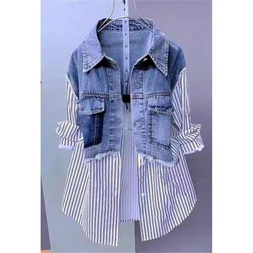 Women's Denim Patchwork Shirts Casual Long-Sleeved Lapel Buttons-Down Blouses Casual Tops3