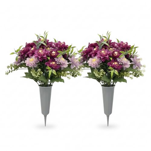 Artificial Cemetery Flowers for Grave, 2 Pack Silk Peonies Bouquet with Vase - UV Resistant Purple & Pink Memorial Flowers, All Weather Outdoor Headstone Decor with Spike image 8