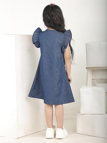 Image of superminis Girls Denim Solid Color Half Sleeves Dress with Embroidered Pocket (1 Dress)
