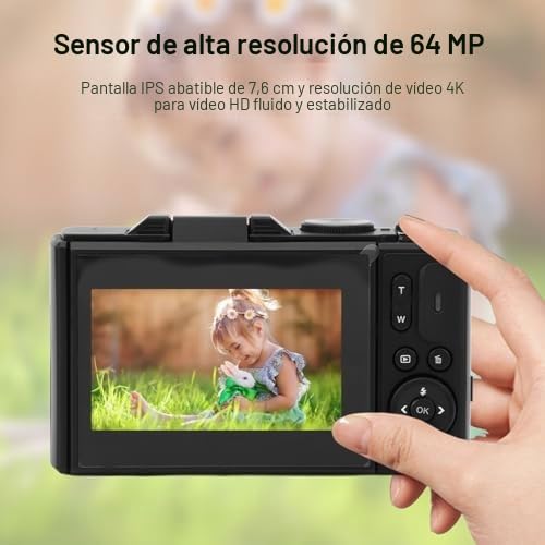 Dpofirs Cámara Digital de 64MP con Vlogging 4K, Enfoque Automático, Zoom 18X, Compacta con Pantalla Abatible de 3 Pulgadas