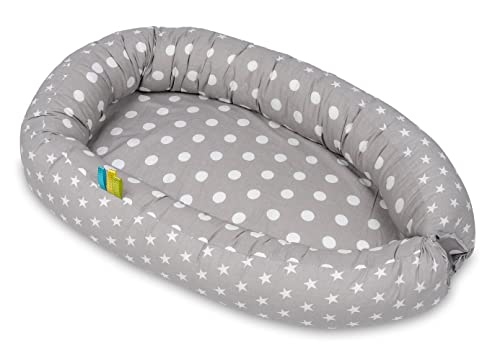 Velinda Kuschelnest Babynest Babynestchen Nestchen Reisebett Kuschelbett 100% Baumwolle (Muster: getupftes Grau - weiße Sternchen auf Grau)