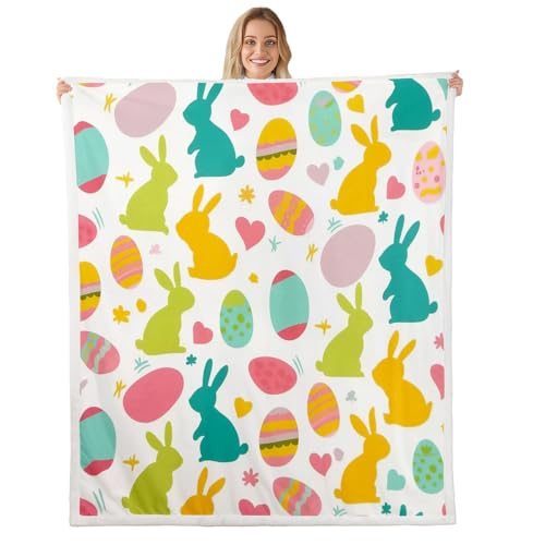 feelingyou Manta de forro polar de conejo para sofá, sofá, huevos de dibujos animados, mantas súper suaves y cálidas, manta con patrón de Pascua para todas las estaciones, acogedora, afelpada, ligera