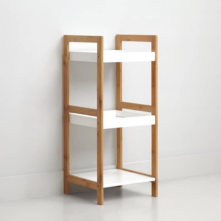 LOLAhome Estantería Bambú Baño | Mueble Organizador de Madera con 3 Estantes Blancos | Estante Almacenaje Cocina y Decoración Hogar | Natural y Blanca | De 30x29x72 cm