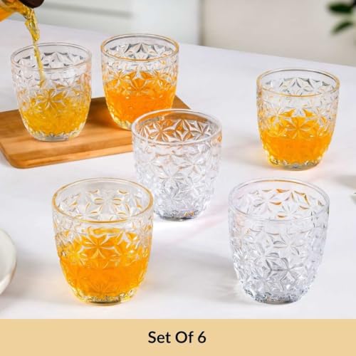 Image of Nestasia Transparent Small Juice Glasses Set of 6 (260 ml Each) - 100% Food Safe & Dishwasher Safe Floral Textured Tumblers - Ideal for Water, Tea, Coffee & Refreshments - Perfect for Gifting