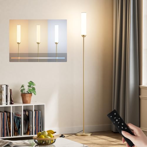 PreeOtti LED Stehlampe Wohnzimmer Dimmbar, Deckenfluter LED Dimmbar, Moderne Standleuchte Wohnzimmer mit Fernbedienung & 5 Farbtemperaturen Stufenlos, Gold