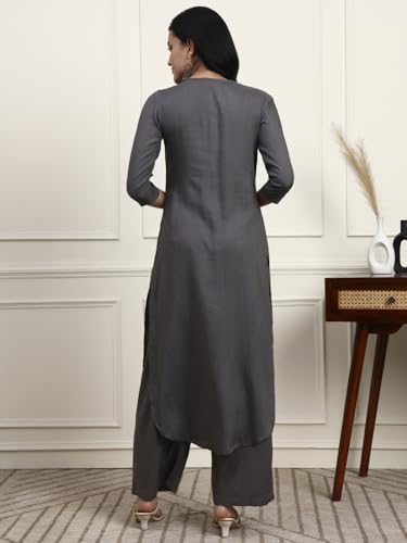 Image of idaLia Rayon Solid Straight Brown Kurta Set for Women with Palazzo 3 /4 Sleeve, Round V Neck Designer Kurta with Palazzo Pant Set