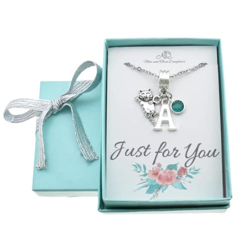 MOM & THREE DAUGHTERS Little Girl's Cat Necklace | Personalized Birthstone and Initial | 14