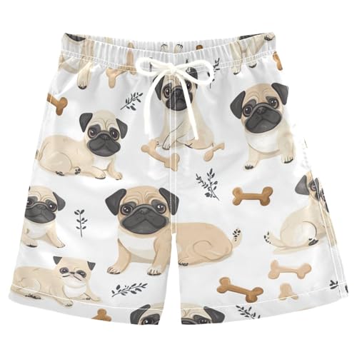 Jucciaco Boys Beach Board Shorts Pug Pet Dog Animal Swim Trunk Teen Swimwear Multicolor