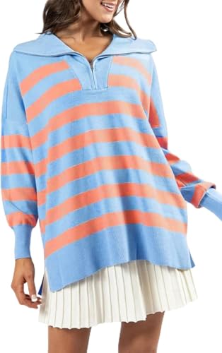 Women Oversized Pullover Sweaters Quarter Zip Long Sleeve Striped Sweatshirt Cozy Fall Knit Sweater Tops
