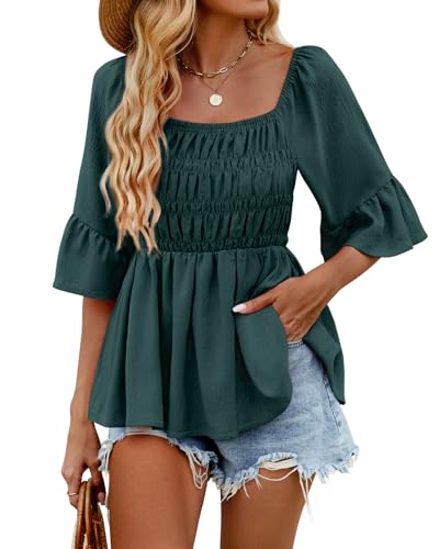 HEYTALALA Womens 3/4 Sleeve Tops Dressy Casual Square Neck Summer Peplum Blouses Ruffle Sleeve Babydoll Shirts 2025 Trendy