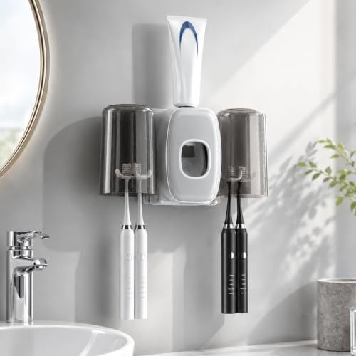 Image of COMFYHOME Tooth Brush Holder Bathroom, Automatic Toothpaste Dispenser, Self Adhesive Brush Stand for Bathroom Wall, Toothbrush Organizer with 2 Mouthwash Cups, 4 Slots Wall Mount Toothbrush Holders