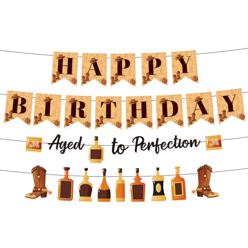 Aged to Perfection Happy Birthday Banner, Pre-Strung Whiskey Theme Birthday Bunting Sign Garland for Men Whiskey Beer Bourbon Wine Party Decorations Supplies