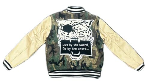 Jordan Craig Boys Varsity Jacket, Vintage Camo Print, Cream Sleeves, Striped Ribbing2