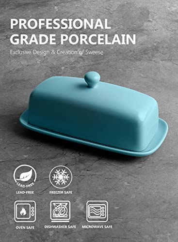 Sweese Butter Dish With Lid, 307.102 Porcelain Butter Keeper, 7.8 Inch Butter Holder With Handle Cover, Butter Container Perfect For East West Coast Butter, Turquoise #TOP1