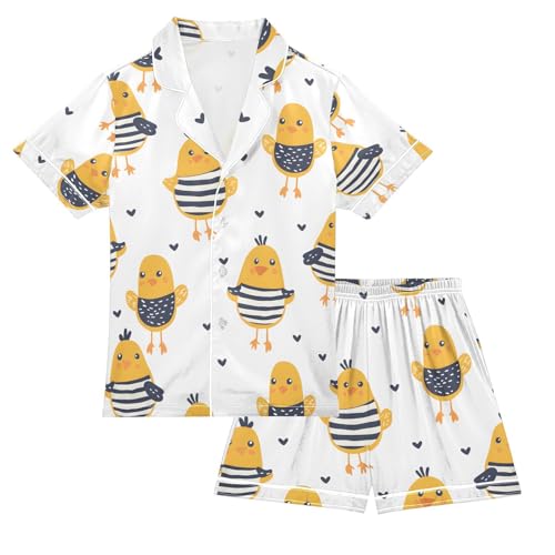 ALAZA Chicken in Striped Love Heart Pajamas Satin Pajama Set Short Sleeve Button Down Sleepwear