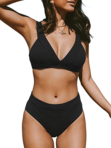 CUPSHE Damen-Bikini-Set für Damen, Badeanzug, hohe Taille, V-Ausschnitt, breite Träger, Haken, abnehmbare weiche Körbchen, solide, schwarz, XL