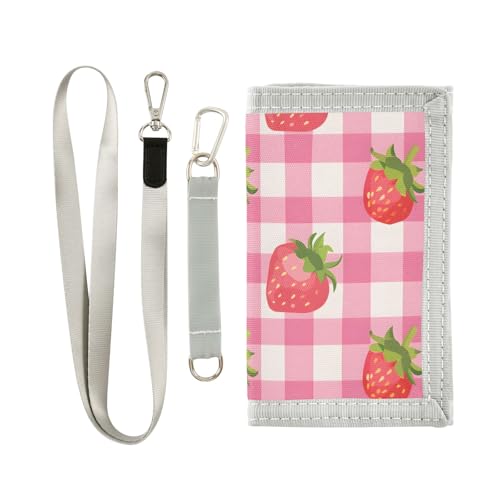 ALAZA Kids Wallets for Boys Girls Toddler Trifold Wallet Children Small Strawberry Pink Checkered with Zipper Coin Pocket