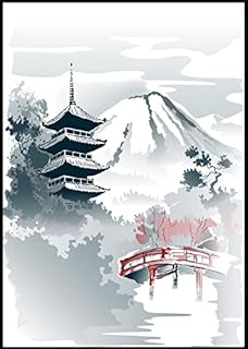 Japanese Vintage Style Art Japanese Pagoda and Bridge Watercolour Gift Print Only | Japan Poster Prints | Wall Art Living Room Bedroom Decor Classic Vintage Poster Prints (5" x 7" Inches)